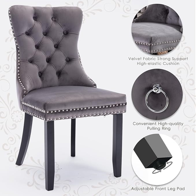 Velvet Upholstered Dining Chairs Set of 2, Modern Style Kitchen Side Chairs with Nailhead Trim and Wood Legs,Metal Pulling Ring for Dining Room Living Room(Grey,Set of 2)