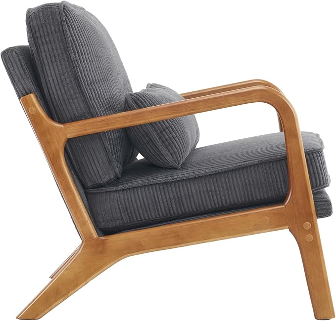VINGLI Upgraded Premium Corduroy Accent Chair,Upholstered Arm Chair,Solid Wood Comfy Reading Chair with Lumbar Pillow, Mid Century Modern Chairs for Living Room,Bedroom,Dark Grey
