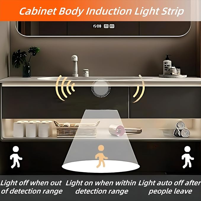 56IN Grey Bathroom Vanity Set - Floating Bathroom Vanity with Single Sink | Including LED Smart Defogging Mirror Cabinet & Time Display Function, Equipped with Motion Sensing Light Strip (Style A)