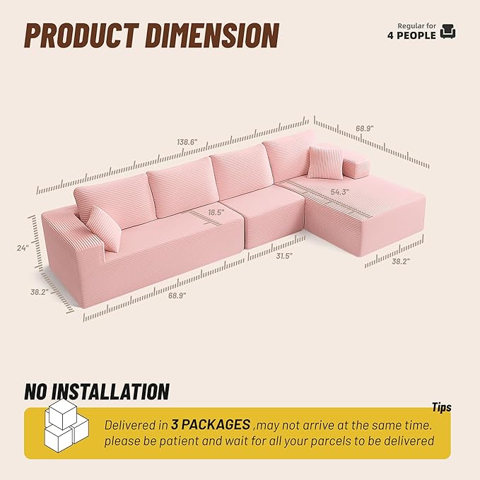 138" Boneless Couch with Deep Seat, Modular Sectional Sofa, Cloud Sectional Couch for Living Room, No Assembly Required, Corduroy, 4 Seater L-Shape Right, Pink