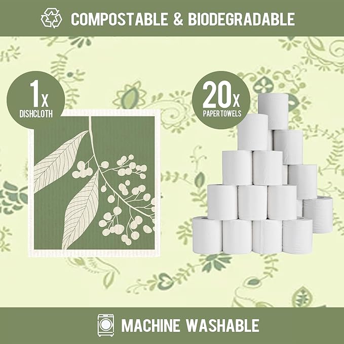 Morigins Swedish Dishcloths for Kitchen,6 Pack Green Leaves Dish Towels,Cellulose Sponge ClothsReusable Paper Towels, Biodegradable and Reusable Kitchen Dish Rags