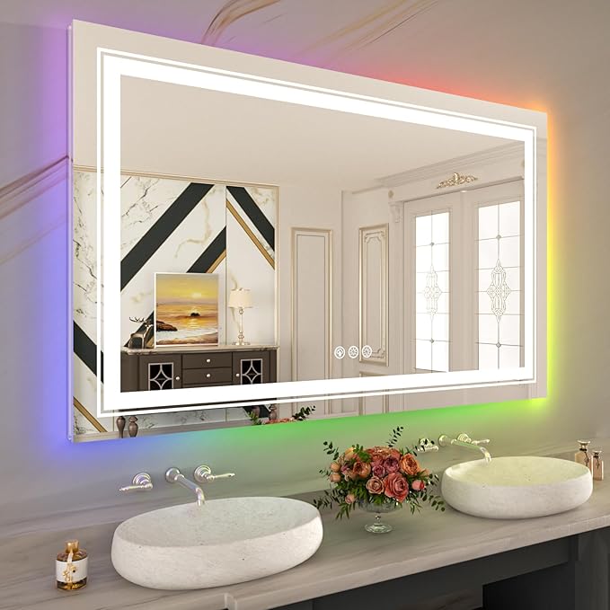 WTTY LED Bathroom Mirror 55"x36" with RGB Backlit and Front Light,Stepless Dimmable LED Mirror for Bathroom,Colored Lighted Bathroom Vanity Mirror,Anti-Fog,Memory Function,Shatter-Proof