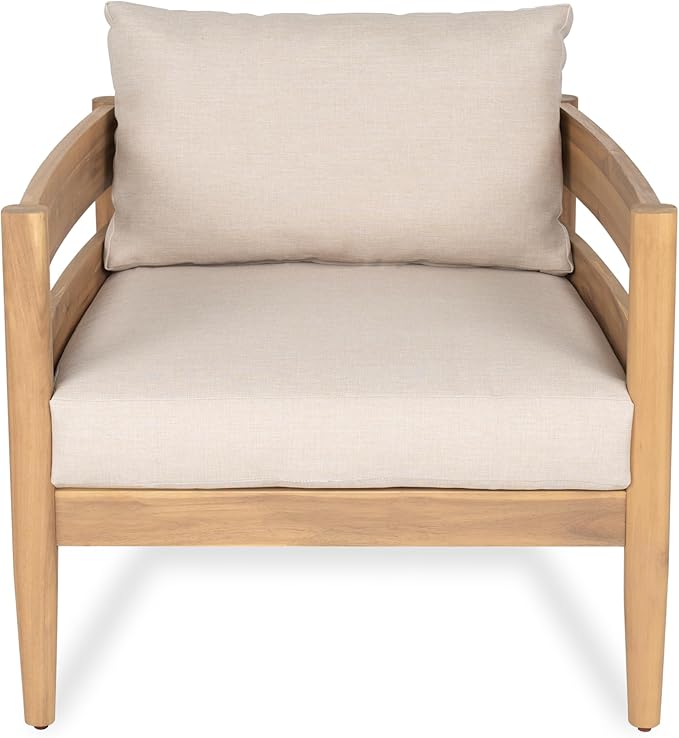Christopher Knight Home Annie Acacia Wood Outdoor Chairs Set of 2, Patio Lounge Chair Outdoor with Slatted Back, Accent Chair with Cushions, Stylish Armchair for Balcony/Garden, Beige + Light Teak