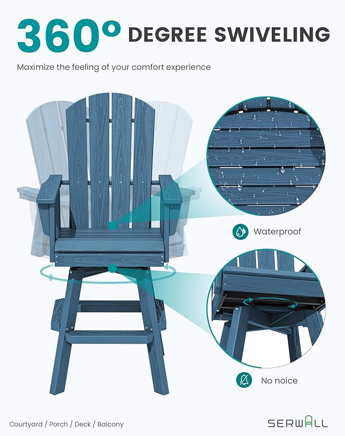 SERWALL Swivel Adirondack Bar Chairs Set of 2, HDPE Outdoor Swivel Barstools Chairs Set of 2 for Bistro, Poolside, Garden, Blue