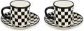 MACKENZIE-CHILDS Set of 2 Stoneware Espresso Cup and Saucer, Cute Coffee Cups, Black-and-White Courtly Check