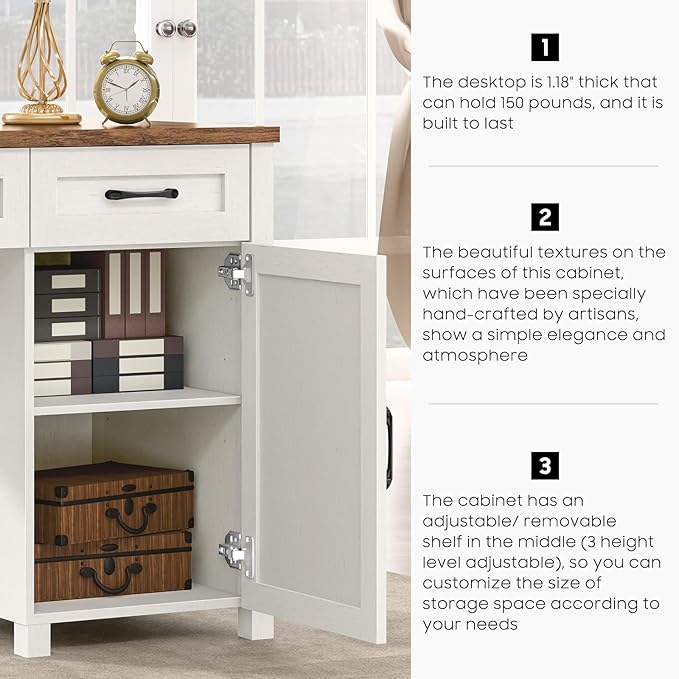 Farmhouse 61'' Executive Desk with 5 Drawers, Rustic Office Desk Computer Desk with Charging Station, File Drawers and Storage Cabinet, Wood Workstation for Home Office and Study, Unique White