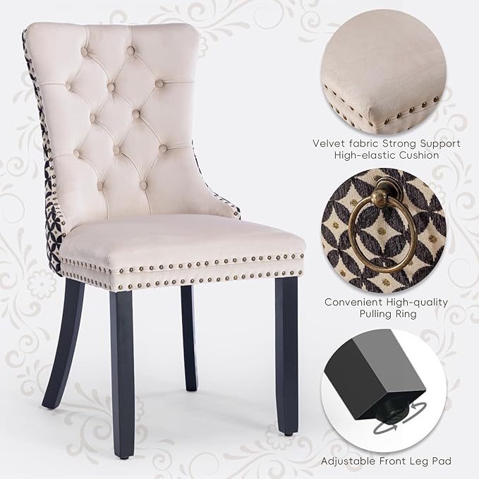 Velvet Upholstered Dining Chairs Set of 2, Modern Style Kitchen Side Chairs with Nailhead Trim and Wood Legs,Metal Pulling Ring for Dining Room Living Room(Quadrangular Star&Beige)