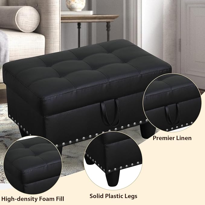 Faux Leather Storage Ottoman with Nailhead Trim, 28.5"X19.5"X17.5" Footrest Stool, Hidden Storage Foot Stool for Living Room, Bedroom Furniture, Black