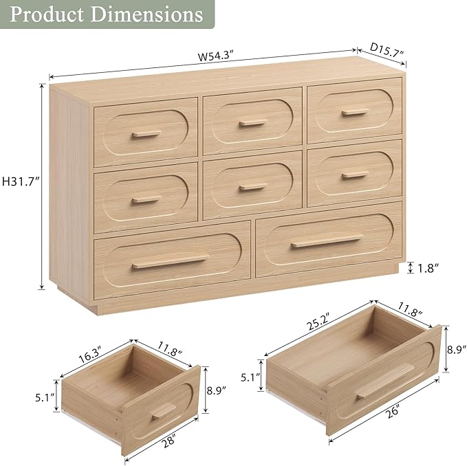 Modern 8 Drawer Dresser for Bedroom, 54" Wide Dressers & Chest of Drawers w/Solid Wood Handle, Wood Mid Century Closet Organizers and Storage Cabinet for Bedroom, Living Room, Hallway, Natural Oak