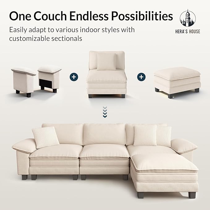 HERA'S HOUSE 124" Modular Sectional Sofa, Oversized Couches for Living Room, Comfy Cloud Couch 3-Seater Deep Seat Sofa with Throw Pillow, Chenille Beige