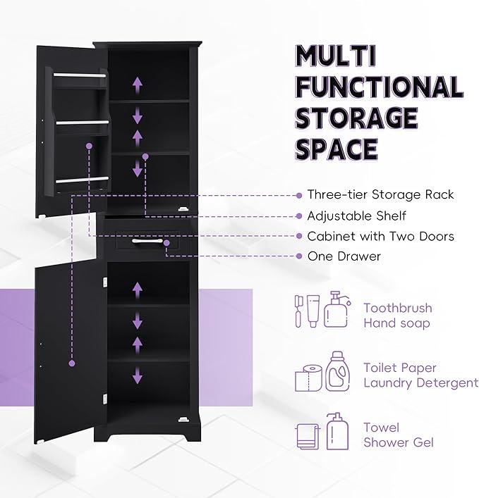 Bathroom Tall Storage Cabinet, Floor Freestanding Storage Cabinet with 2 Doors, One Drawer, Door Shelve Design, and Adjustable Shelf for Bathroom, Office, Multi-Use Organizer, Black