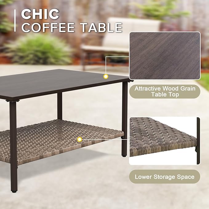 COOS BAY Aurora Terrace Half-Moon Outdoor Furniture Set, Rattan Conversation Set with Patio Chairs, Curved 4-Seat Sofa, Coffee Table, Seats 6, Beige/Blue