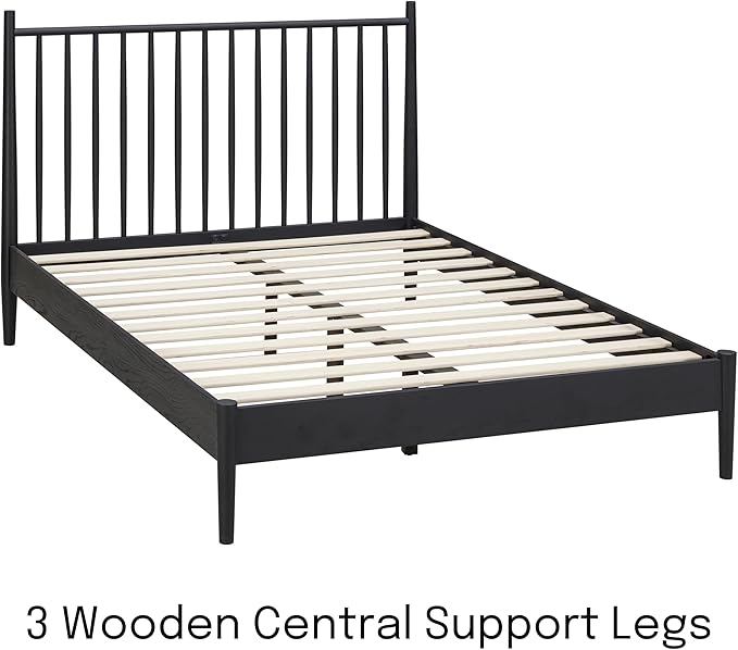 NTC Inno Wooden Bed Frame with Headboard, Solid Oak and Rubber Wood Foundation with Silent Slats and Wood Central Supports, 1000 Lb Capacity, Effortless Assembly, King - Burnt Black