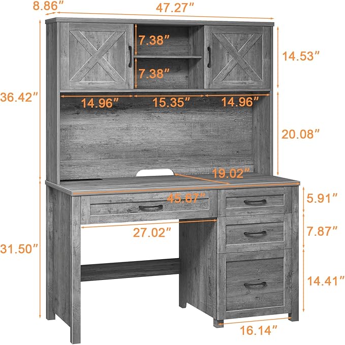 Farmhouse 67" H Executive Desk with Hutch,Office Desk with 4 Drawers and LED light, Computer Table with Storage Cabinet & File Drawers and Charging Station, Wood Workstation for Home Office and Study