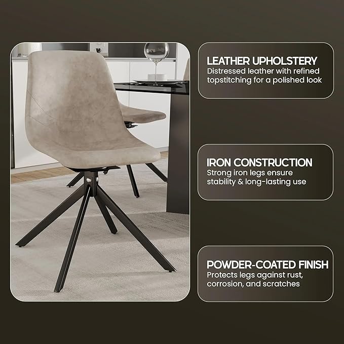 LeisureMod Markley Swivel Leather Dining Side Chair with Durable Iron Legs – Comfortable Accent Chair for Kitchen, Dining Room, or Office Set of 4