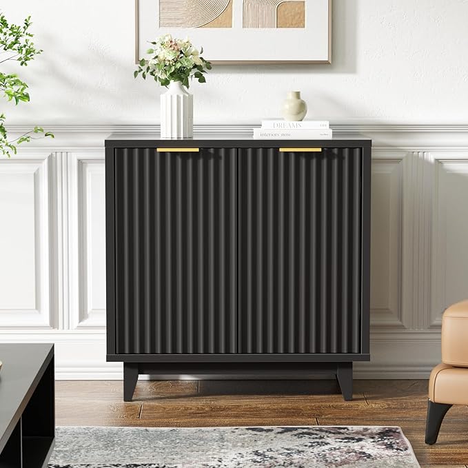 Fluted Cabinet with Storage, 2 Doors Sideboard Buffet, Mid Century Modern Accent Cabinet with Adjustable Shelves, Multifunctional Console Table with Storage for Living Room, Kitchen, Entryway