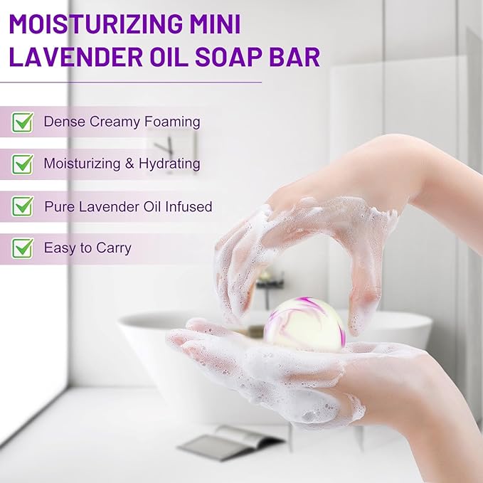 14 Pack 25 g Travel Size Lavender Soap, Individually Wrapped Handmade 4-In-1 Mini Hotel Soap Bars with Shea Butter, Olive Oil, Creamy Lather, Eco-Friendly, 0.88 oz