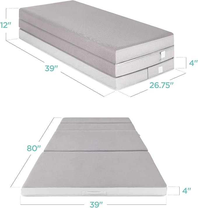 Best Choice Products 4in Portable Twin XL-Size Mattress, Tri-Fold Mattress for Camping, Guest, Toddler, Foam Plush w/Carry Case - Grey