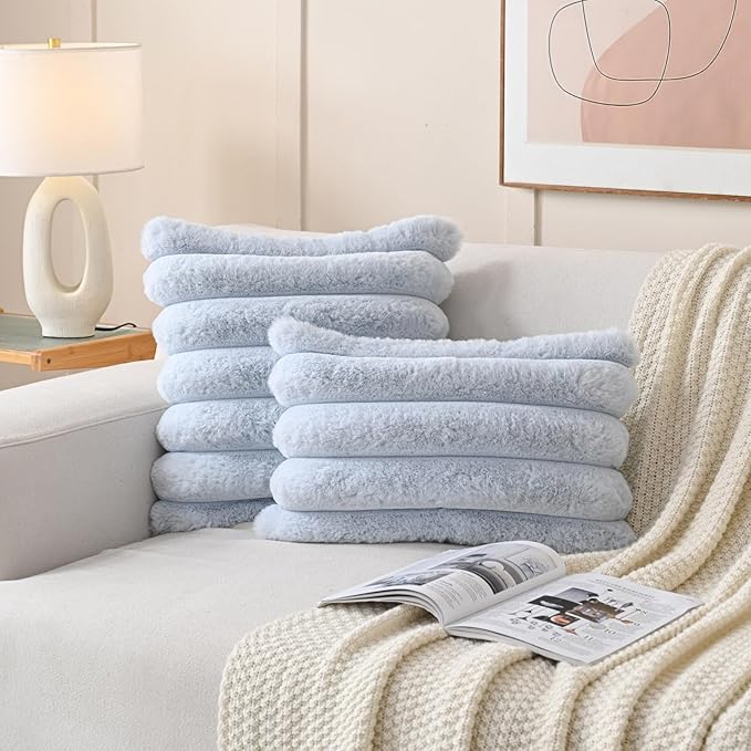 FUTEI Light Blue Decorative Throw Pillow Covers 24x24 Inch Set of 2, Square Soft Faux Rabbit Fur Thick Striped European Cushion Covers,Winter Home Decor for Couch Bed Living Room