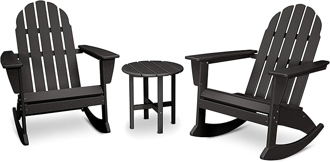 POLYWOOD Vineyard Adirondack 3-Piece Rocking Chair Set, Outdoor Patio Furniture with Side Table, HDPE All-Weather Porch Rockers, Fade-Proof, Black