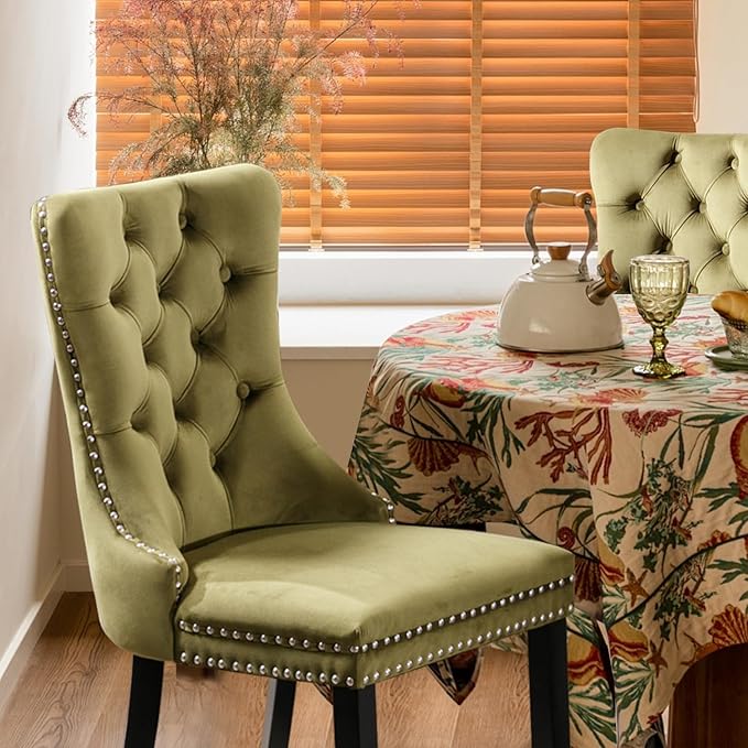 Velvet Upholstered Dining Chairs Set of 4, Modern Style Kitchen Side Chairs with Nailhead Trim and Wood Legs,Metal Pulling Ring for Dining Room Living Room(Olive Green,Set of 4)