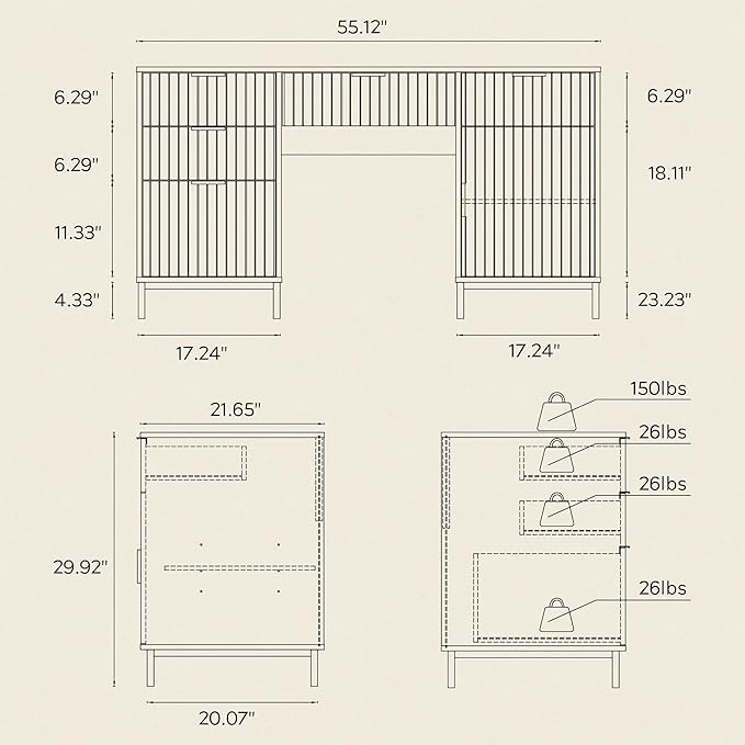 Fluted Executive Desk with File Drawer, 55" Large Computer Desk with Storage and Charging Station, Modern Wooden Home Office Desk for Workspace, Writing, Study, Nautral Oak