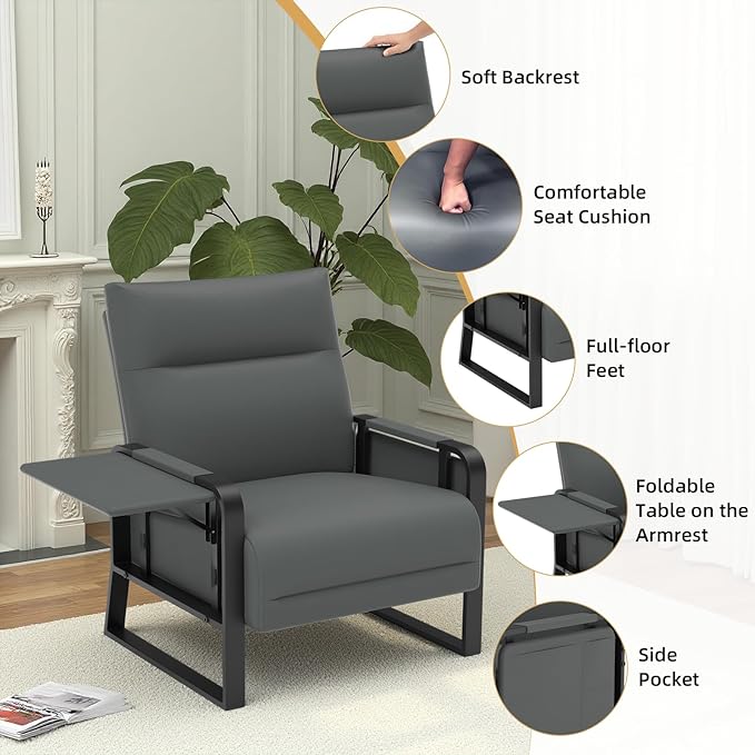 Faux Leather Accent Chairs Set of 2 with Flip Up Tray Tables Soft Backrest for Living Room Office Bedroom Modern Accent Chairs, Gray