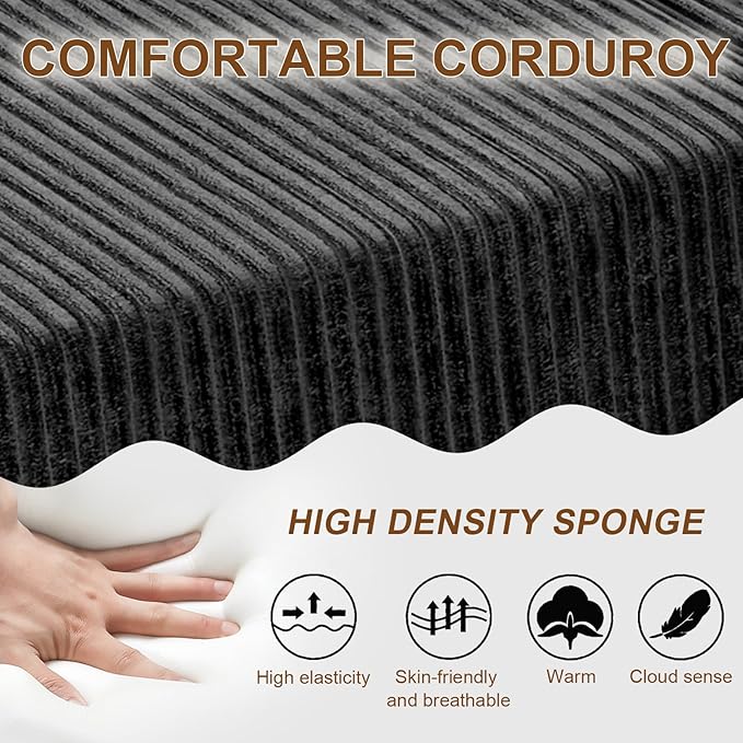 JSLOVE Modular L-Shape Sectional Sofa with Chaise, 3 Seat Movable Boneless Cloud Couch in One Box, Sofa Couch Bed with Ultra-Soft Corduroy Fabric, No Assembly Required for Living Room, Bedroom(Black)