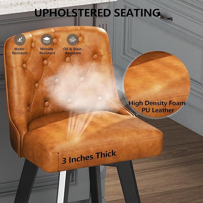 MINCETA Bar Stools Set of 4, PU Leather Barstools, 26 Inch Upholstered Counter Stools with Low Tufted Back and Footrest, Swivel Counter Height Barstools for Kitchen Island Home Bar Brown