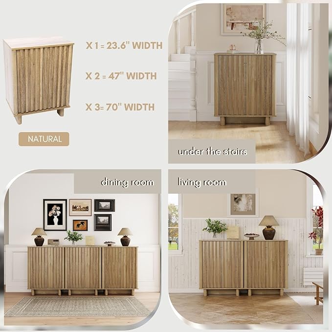 Sideboard Buffet Cabinet with Storage, Natural Freestanding Floor Cabinet Farmhouse Sideboard with 2 Fluted Doors Wooden Hallway Cabinet Media Console Table Credenza for Living Room Dining Room, 2PCS