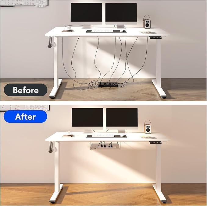 FLEXISPOT EN2 Whole-Piece Standing Desk with Clamp Power Strip, 48 x 30 Electric Stand Up Height Adjustable Desk with Cable Management (White Frame + 48" Gray Wood Grain, 2 Packages)