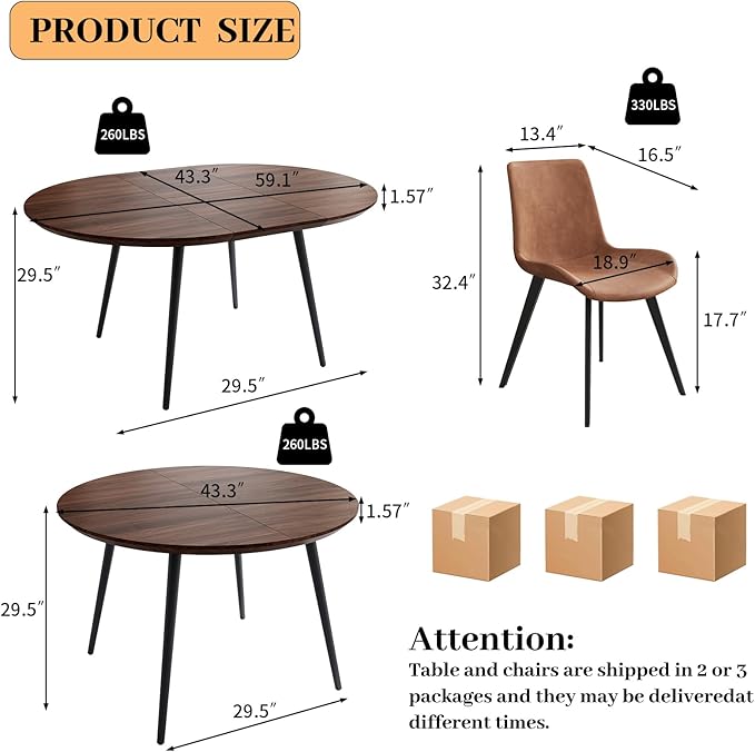43.3"-59.1" Extendable Round Dining Table Set for 4, Mid Century Modern Wooden Round Table, Leisure Coffee Table,w/ 4 PU Leather Chairs