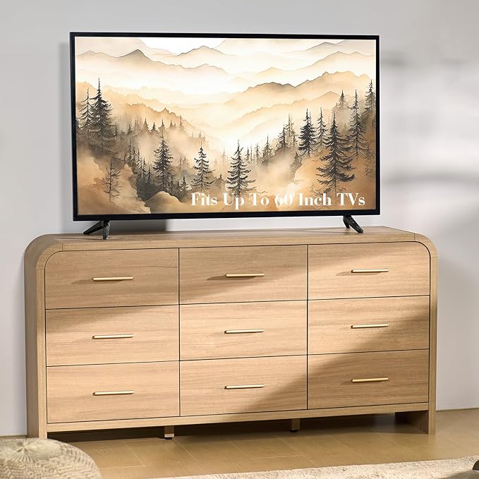 Curved 9-Drawer Dresser for Bedroom, 63" Wide Modern Chest of Drawers, Vanity Desk TV Stand for Living Room, Closet Storage Drawers Organizer Furniture, Nursery, Hallway, Oak