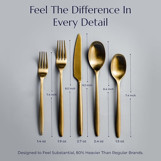 JazzUpCo Ava Flatware Flatware non toxic 18/10 stainless steel dishwasher safe (Matte Gold, 16 Person Set (80 Pieces))