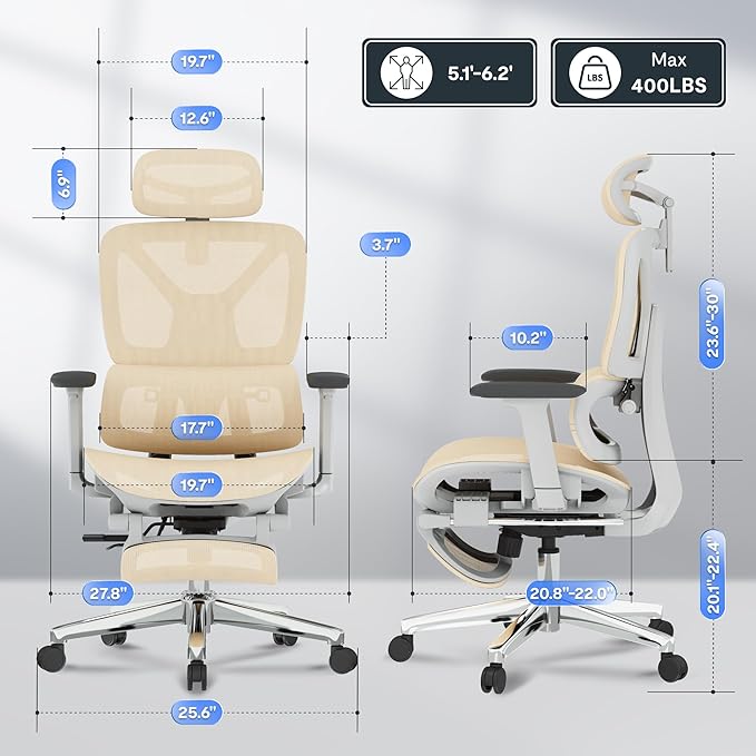 FLEXISPOT ErgoX Premium Ergonomic Office Chair with Footrest- Adjustable 3D Armrests, Dynamic Lumbar Support, Recline & Tilt Function, Mesh Seat, for Home & Office Use,Cream