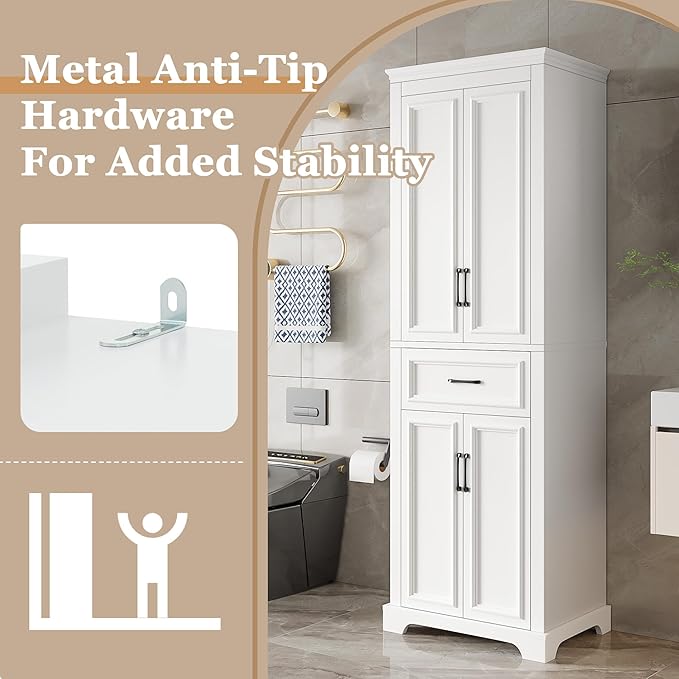 Tall Freestanding Storage Cabinet with 4 Doors & One Drawer, Multi-Purpose Organizer with Adjustable Shelf for Bathroom, Office, Living Room, White