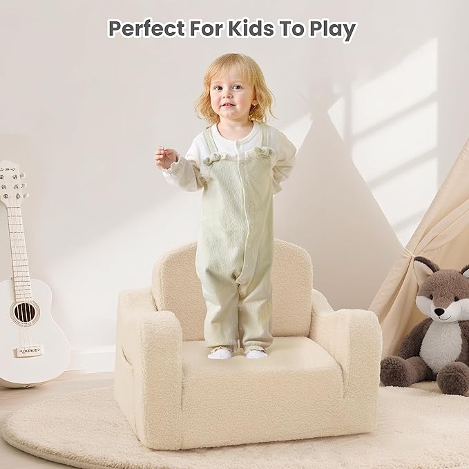 Comfy Toddler Chair & Kids, 2-in-1 Soft Couch Fold Out for Kids, Toddler Chairs Comfy 1-3 Years Old, Convertible Plush Sofa to Lounger for Girls and Boys, Beige
