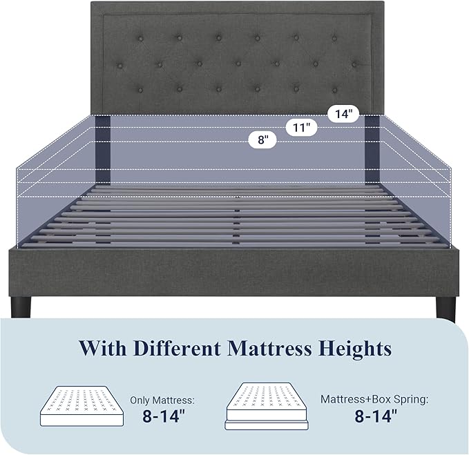 Allewie Queen Size Button Tufted/Fabric Upholstered Bed Frame with Adjustable Headboard/Wood Slat Support/Mattress Foundation/Dark Grey