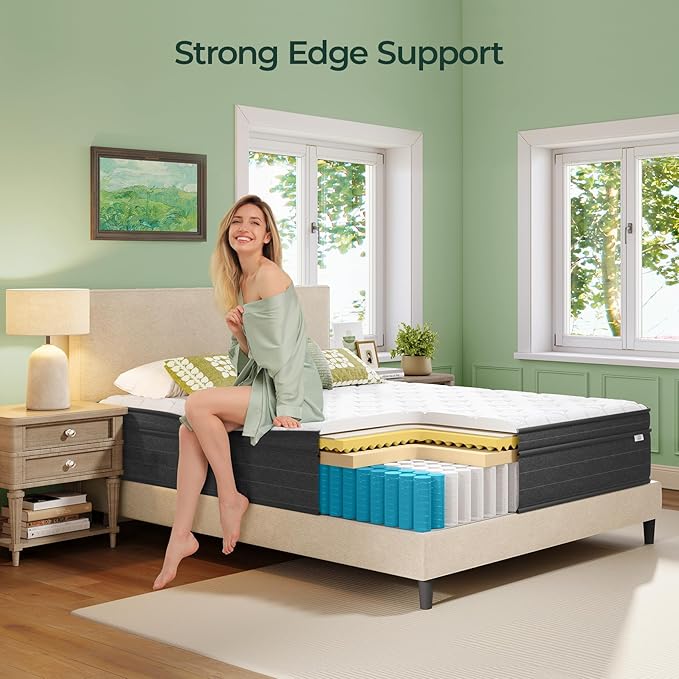 koorlian Queen Size Mattress 12 Inch - Cooling Hybrid Mattress in a Box for Back Pain Relief - Pocket Spring & Memory Foam | Fiberglass-Free, Medium Firm Feel, CertiPUR-US, 120 Nights Trial