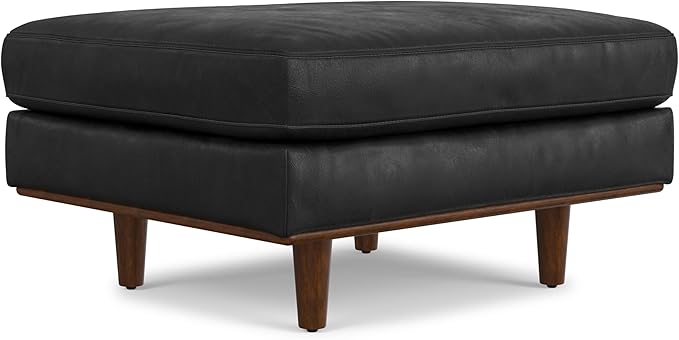 SIMPLIHOME Morrison 33 inch Wide Ottoman in Lead Black Genuine Leather, Multifunctional Footrest, Coffee Table, and Extra Seating for Living Room, Mid-Century Modern Style