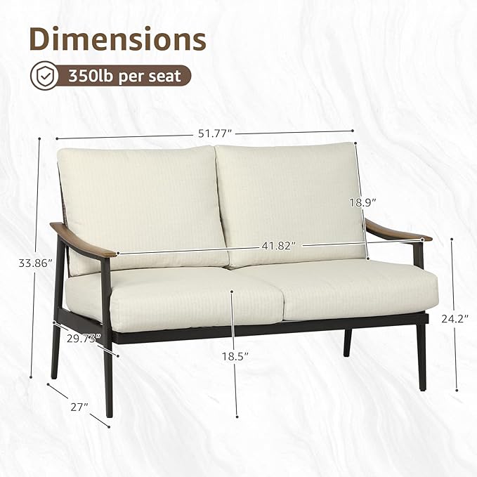 NATURAL EXPRESSIONS Patio Loveseat Sofa Outdoor Furniture Metal Chair with Wicker Backrest & 6 Inches Cushion for Indoor, Front Porch, Deck, Balcony, Backyard, 51.77"(L) x 29.75"(W) x 33.86"(H).