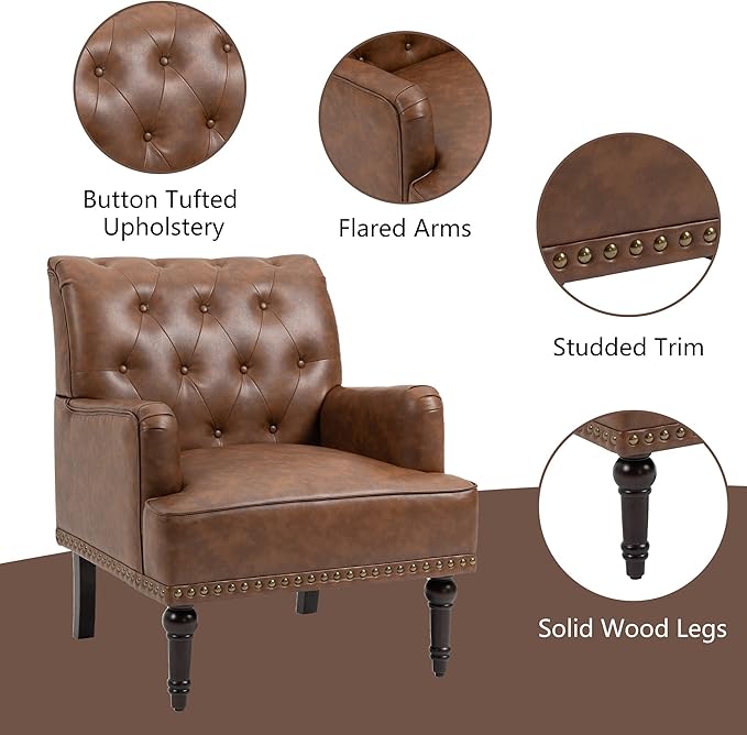 Pia Ricco PU Leather Accent Chairs 2 Pack - Modern Armchairs with Wooden Legs, Office Living Room Bedroom Seating Set-Brown