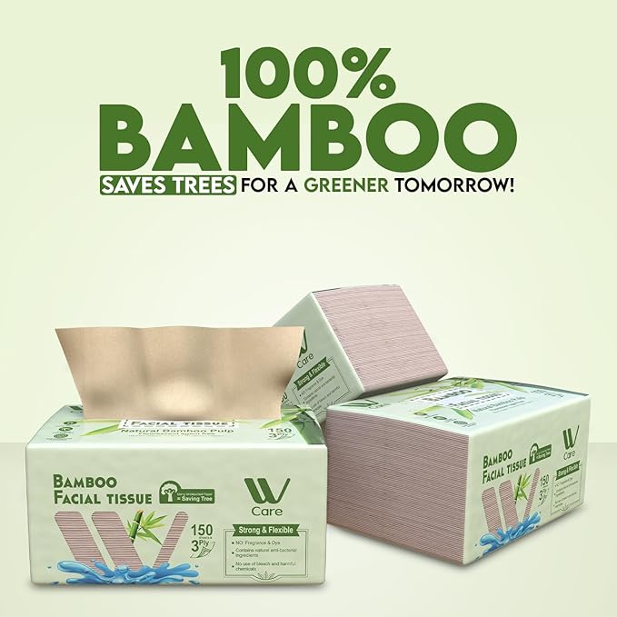 WBM Care Bamboo Facial Tissues, Bulk Box of 10 Packs, 150 Sheets Each, Total 1,500 Sheets, Soft and eco-friendly, perfect for everyday use, great value