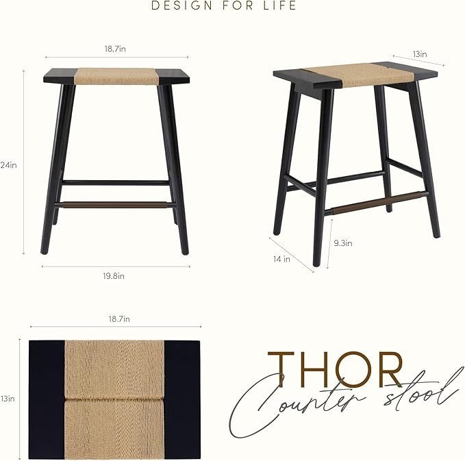 Thor Wicker Premium Solid Wood Counter Stool 24", Backless Counter Height Seating with Hand-Knitted Rope, Eco-Friendly Modern Design (Midnight Charcoal)