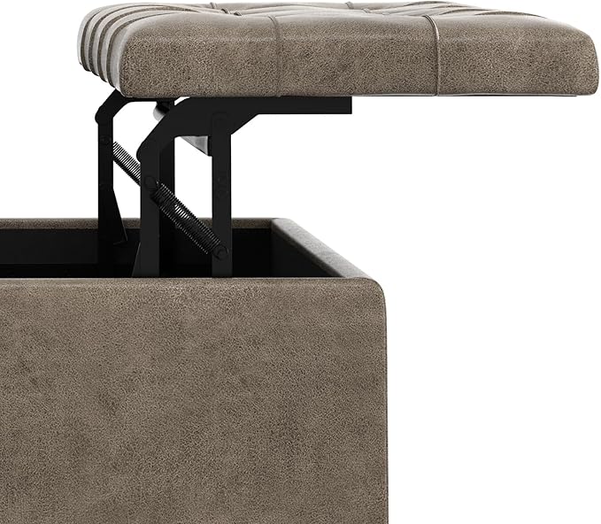 SIMPLIHOME Harrison Coffee Table Storage Ottoman - 36 inch Wide Upholstered Faux Leather Square Lift-Top Ottoman in Distressed Smoky Grey Brown, Transitional Ottoman for Living Room with Storage