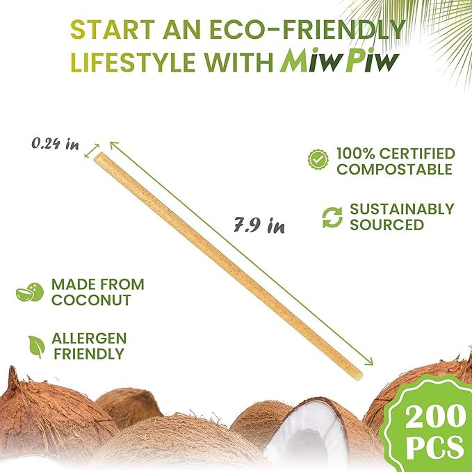 Biodegradable Coconut Straws Set 200 - Disposable, Plastic Free, Ecofriendly Coco Fiber Drinking Straws Bulk for Cold and Hot Beverages, Cocktail and Restaurant