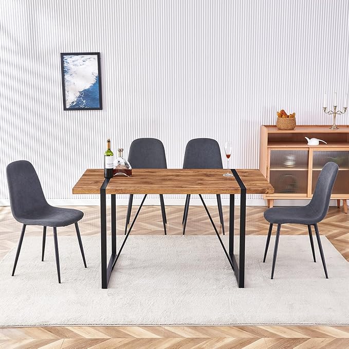 5 Piece Dining Table Set，Dinner Table Set for 4，55'' Kitchen Table and Suede Nap Fabic Chairs Set of 4, 4 Chair Dining Table Set for Kitchen Dining Room