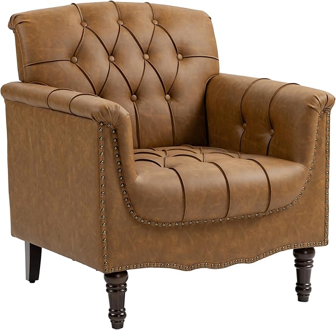 UIXE Faux Leather Accent Chairs Set of 2, Comfy Club Chair Upholstered Armchair for Living Room, Button Tufted Arm Chair Retro Single Sofa Side Reding Seat for Bedroom - Camel