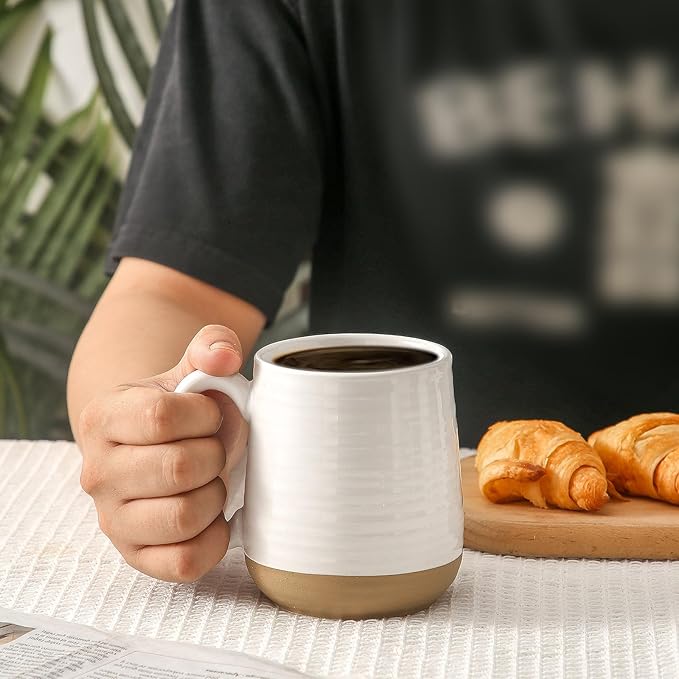 Large Ceramic Coffee Mugs Set - 15 OZ Porcelain Coffee Latte Cups Set of 4 with Handle Perfect for Cappuccino, Tea, Mocha, Hot or Cold Drinks, Unique Glaze Design for Home, Cafe and Coffee Bar, White