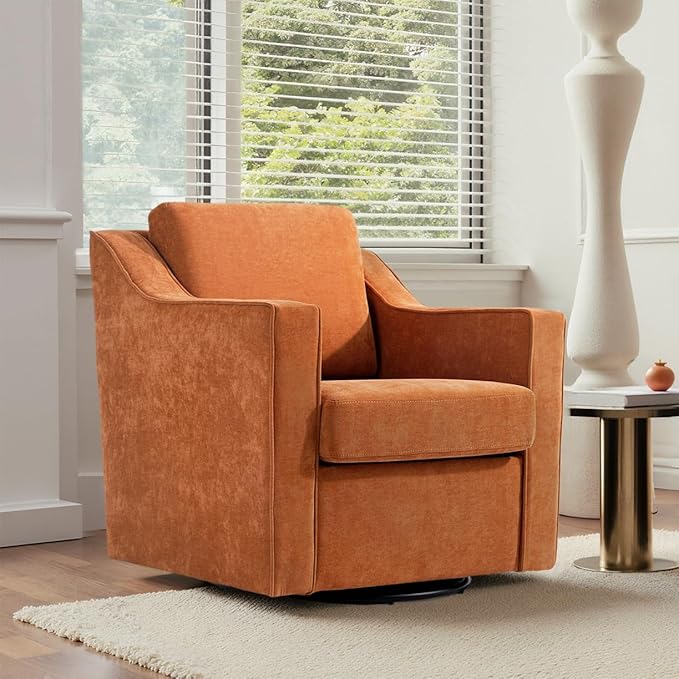 UIXE Swivel Accent Chair, Chenille Fabric Upholstered Arm Chair for Living Room, Modern Club Armchair Comfy Single Sofa Bedroom Reading Seat with Lumbar Pillow - Orange